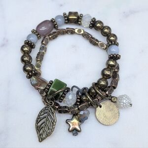 Handmade Vintage Bronze Bead Stretch Two Layered Bracelet with Charms